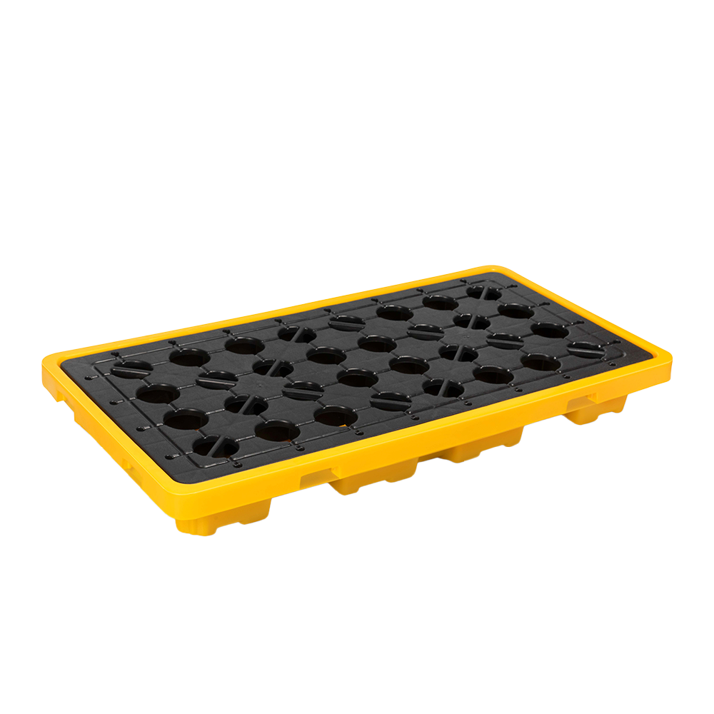 Una paleta de derrames de plástico amarilla y negra sobre un fondo blanco.