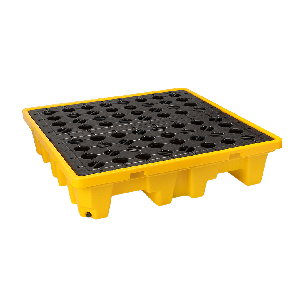Una paleta de derrames de plástico amarilla y negra sobre un fondo blanco.