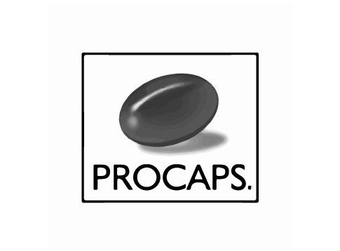 Un logotipo en blanco y negro para ProCaps con una pastilla negra en un cuadrado.