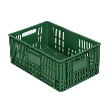 Caja de plástico o canastilla rectangular de color verde con laterales ranurados y asas.