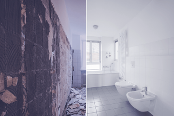 before and after photo split of a bathroom