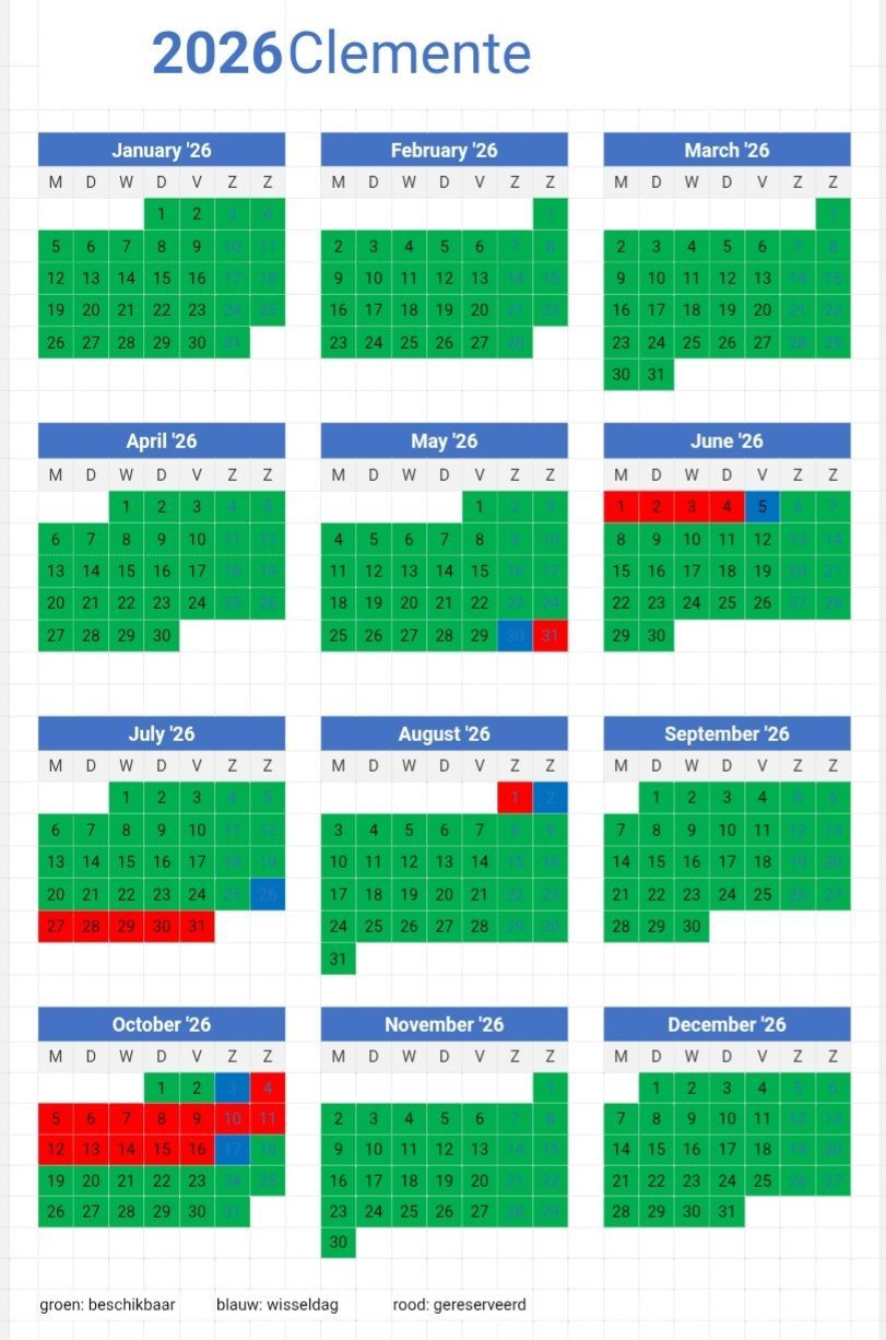 Kalender voor 2026, groen voor de beschikbare dagen
