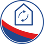 a blue and red circle with a house and two arrows inside of it .