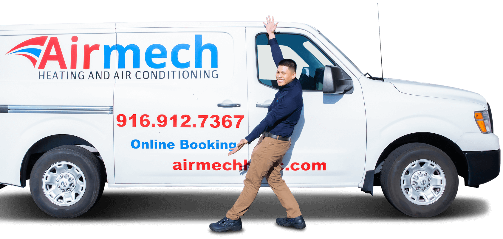 a man is standing in front of an airmech van .