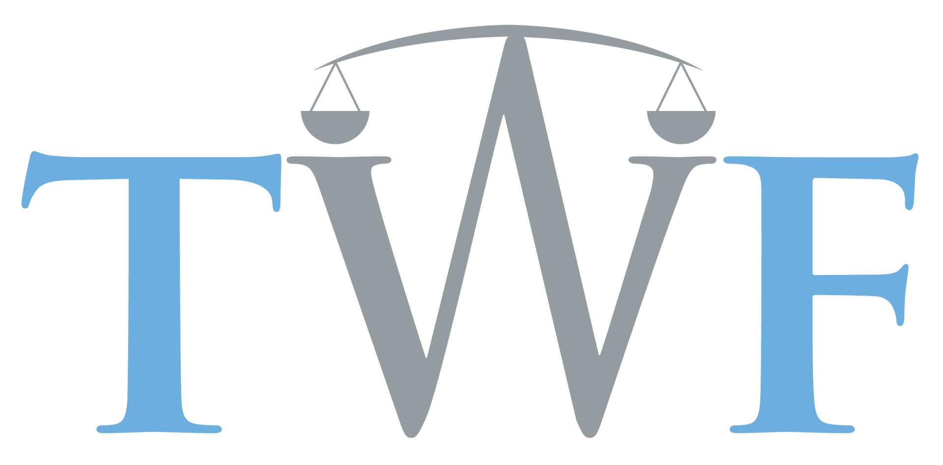 Logo with the letters T, W, and F, with a scales of justice symbol above the W.