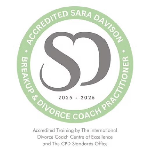 Accredited Breakup & Divorce Coach Practitioner (2025-2026) logo. Green and grey circular design with