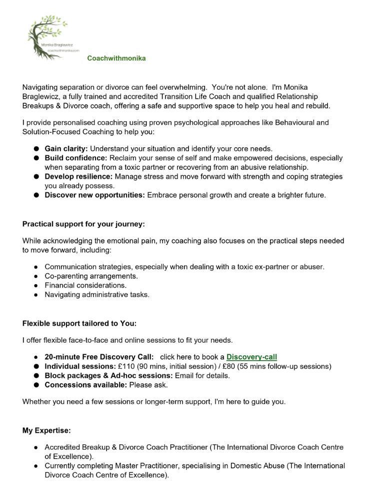 Green and beige promotional flyer for a divorce coach, focusing on self-improvement and practical support.