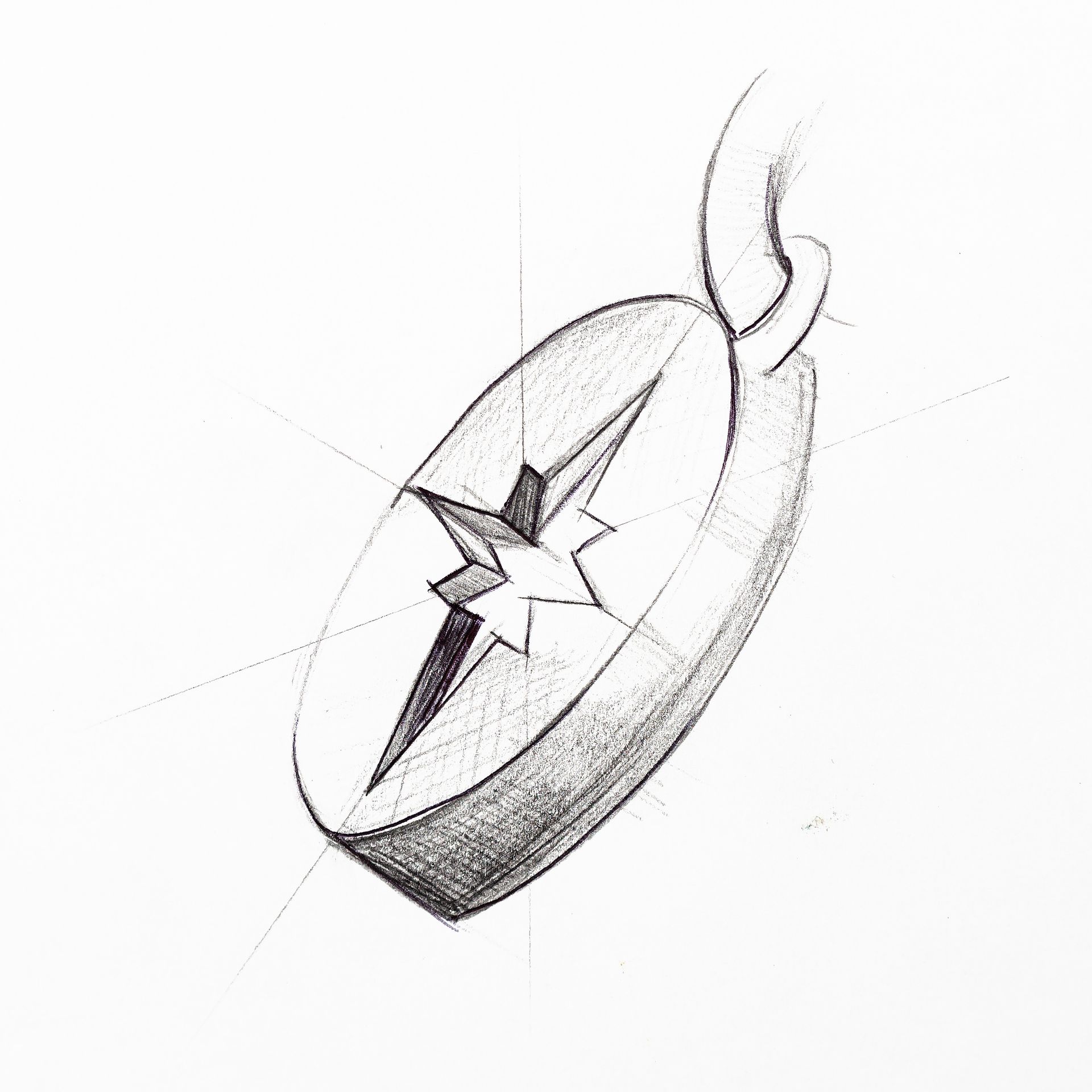 Anhänger mit sternförmigem Muster, in Bleistift skizziert und schattiert, und einer Öse an der Oberseite zum Befestigen einer Kette.