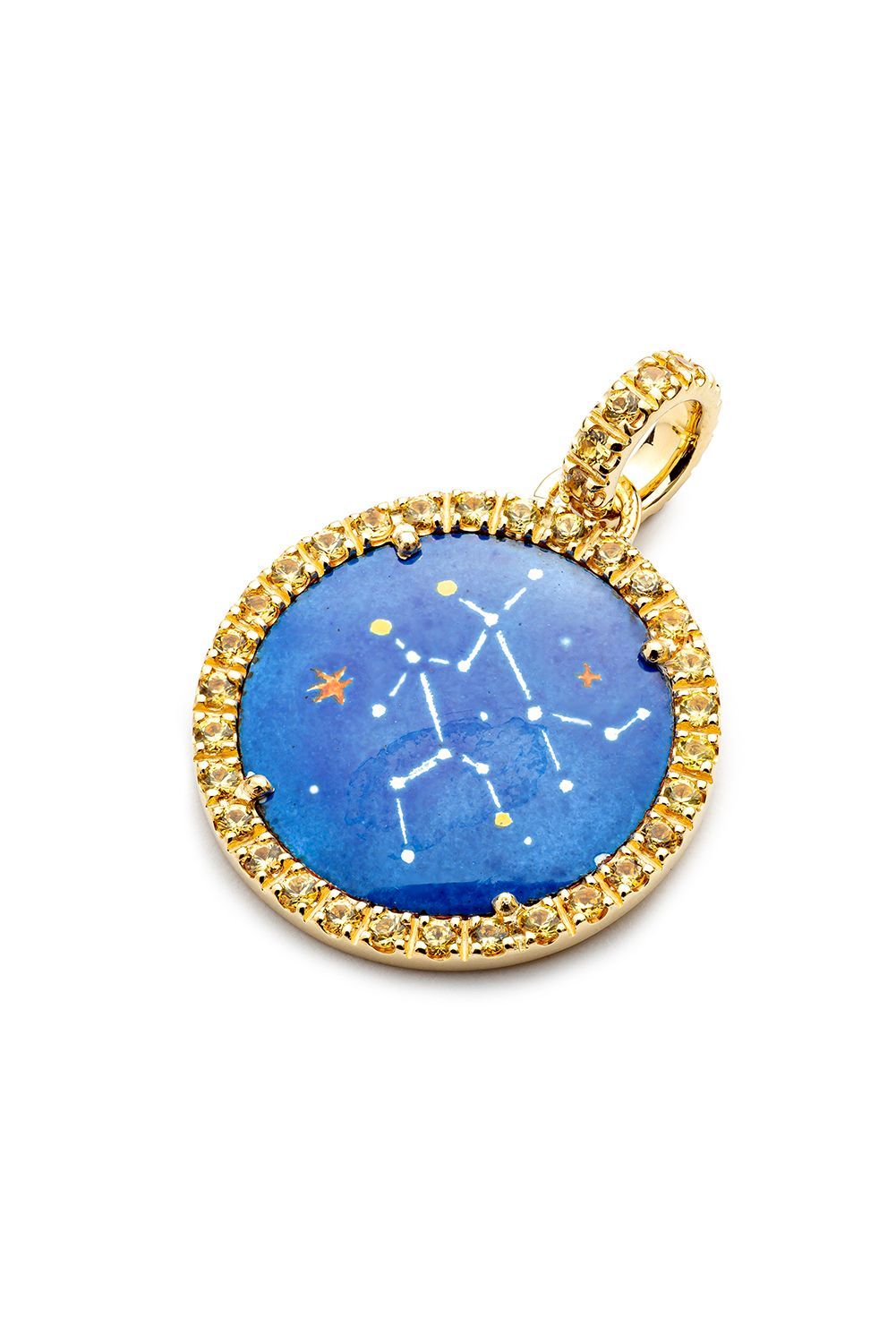 Goldener Anhänger mit blauem Himmelsmotiv, besetzt mit Diamanten.