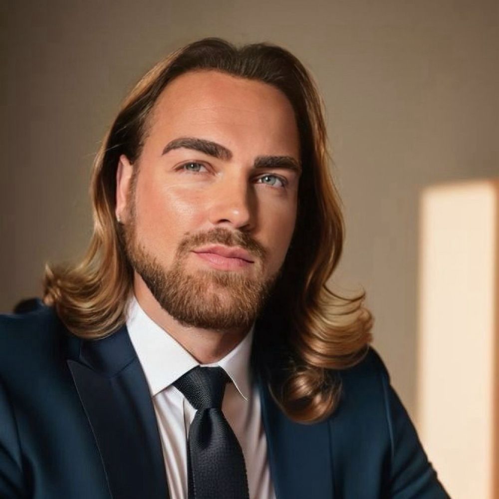 Man with long blonde hair, a beard, and a dark suit, looking directly at the camera.