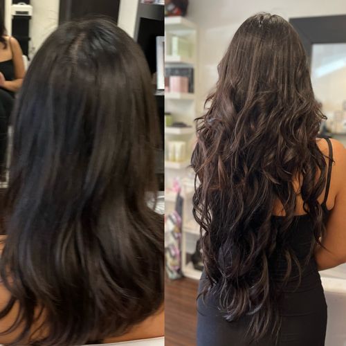 Before and after view of long, dark, wavy hair, showing a significant increase in length and volume.