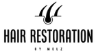 Logo for Hair Restoration: Three hairs growing from a follicle, text says "Hair Restoration by Melz".