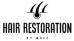 Logo for Hair Restoration: Three hairs growing from a follicle, text says "Hair Restoration by Melz".