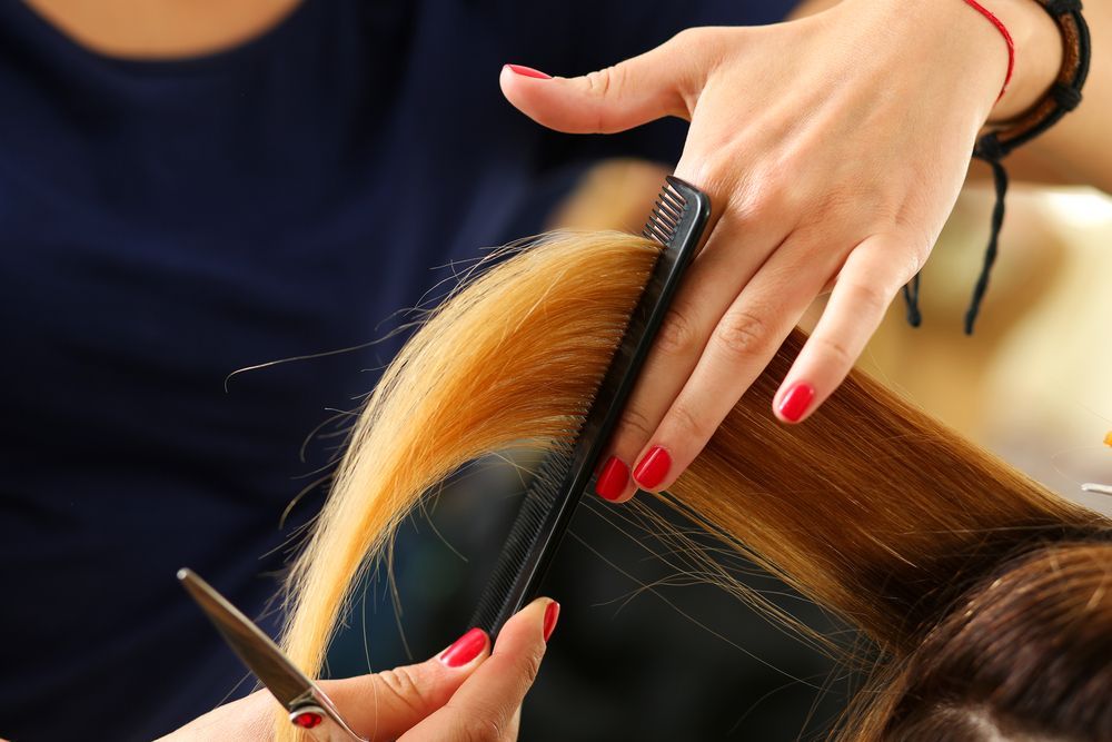 Person cutting hair, using a comb and scissors on blonde hair.