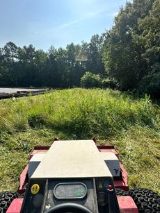 A person operating a red mower in a grassy field on a sunny day. Trees are in the background.