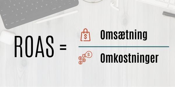 Et computertastatur står på et skrivebord ved siden af ​​et skilt, hvor der står roas = omsætning omkostnader