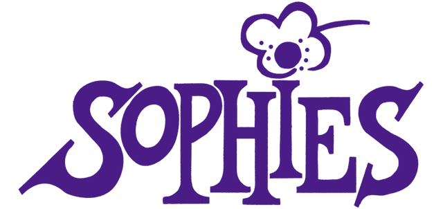 Et lilla Sophie-logo med en blomst på toppen