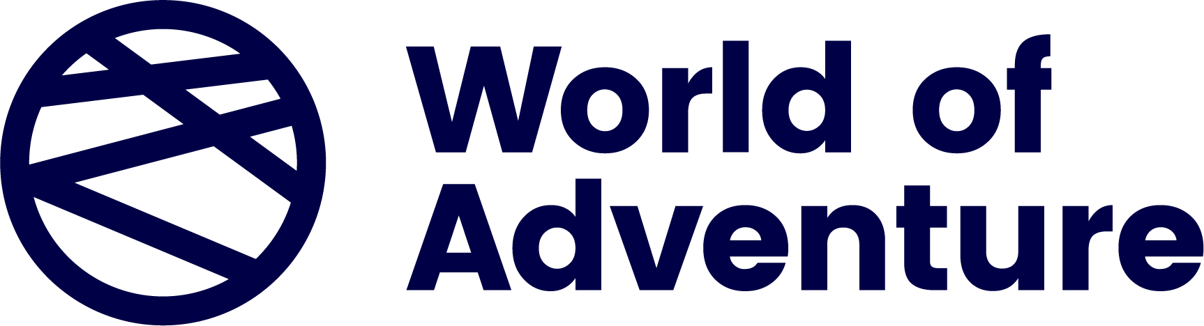 Et logo for World of Adventure med en blå cirkel i midten