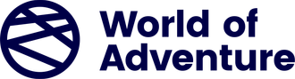 Et logo for World of Adventure med en blå cirkel i midten