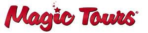 Et rødt Magic Tours-logo på en hvid baggrund