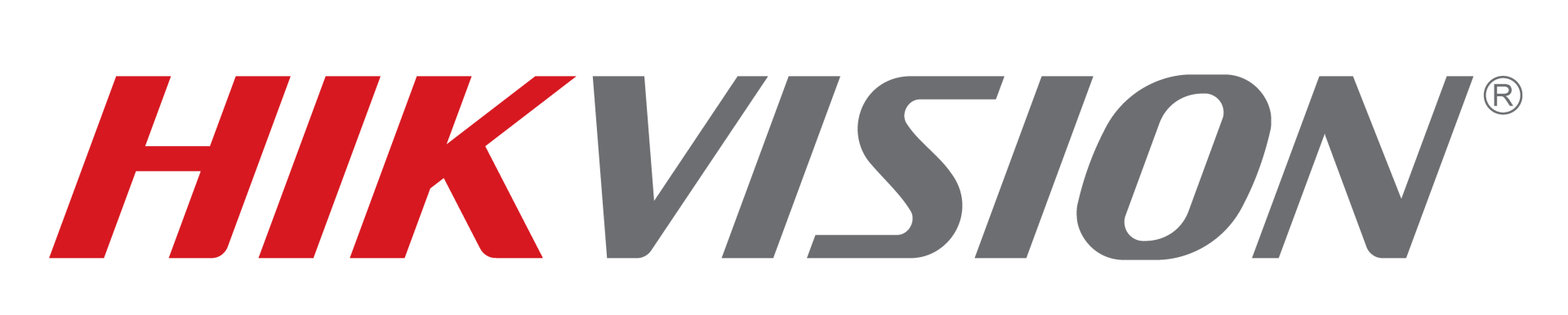Logo Hikvision : « HIK » rouge avec « VISION » gris et le symbole de marque déposée.