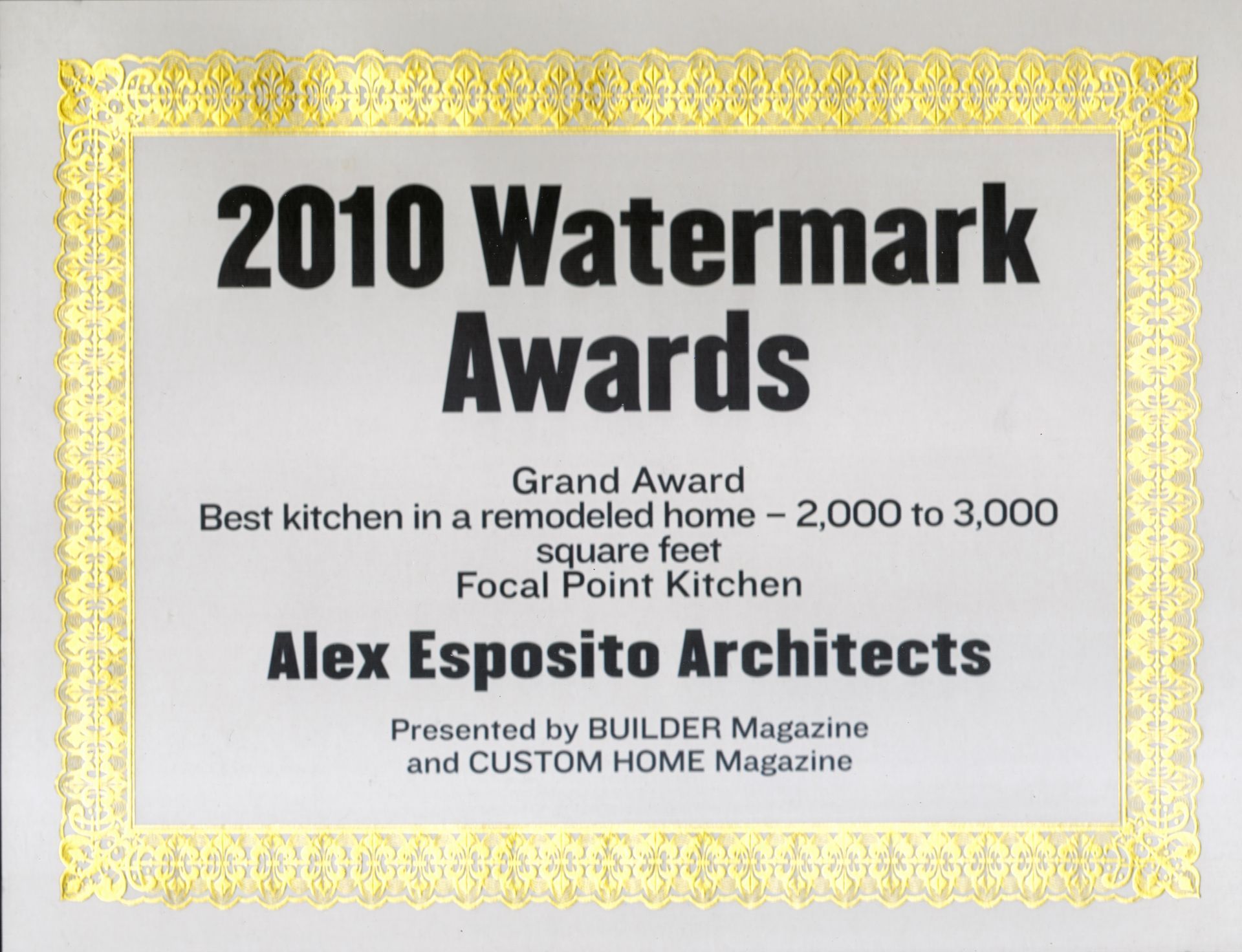 Grand Award for best kitchen, presented by Builder and Custom Home magazines to Alex Esposito Architects.