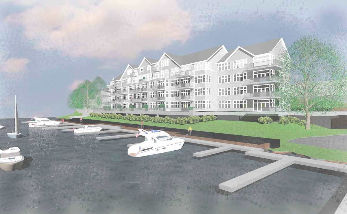 Rendering of a multi-story building with balconies overlooking a marina with boats. Gray and white building, green grass.