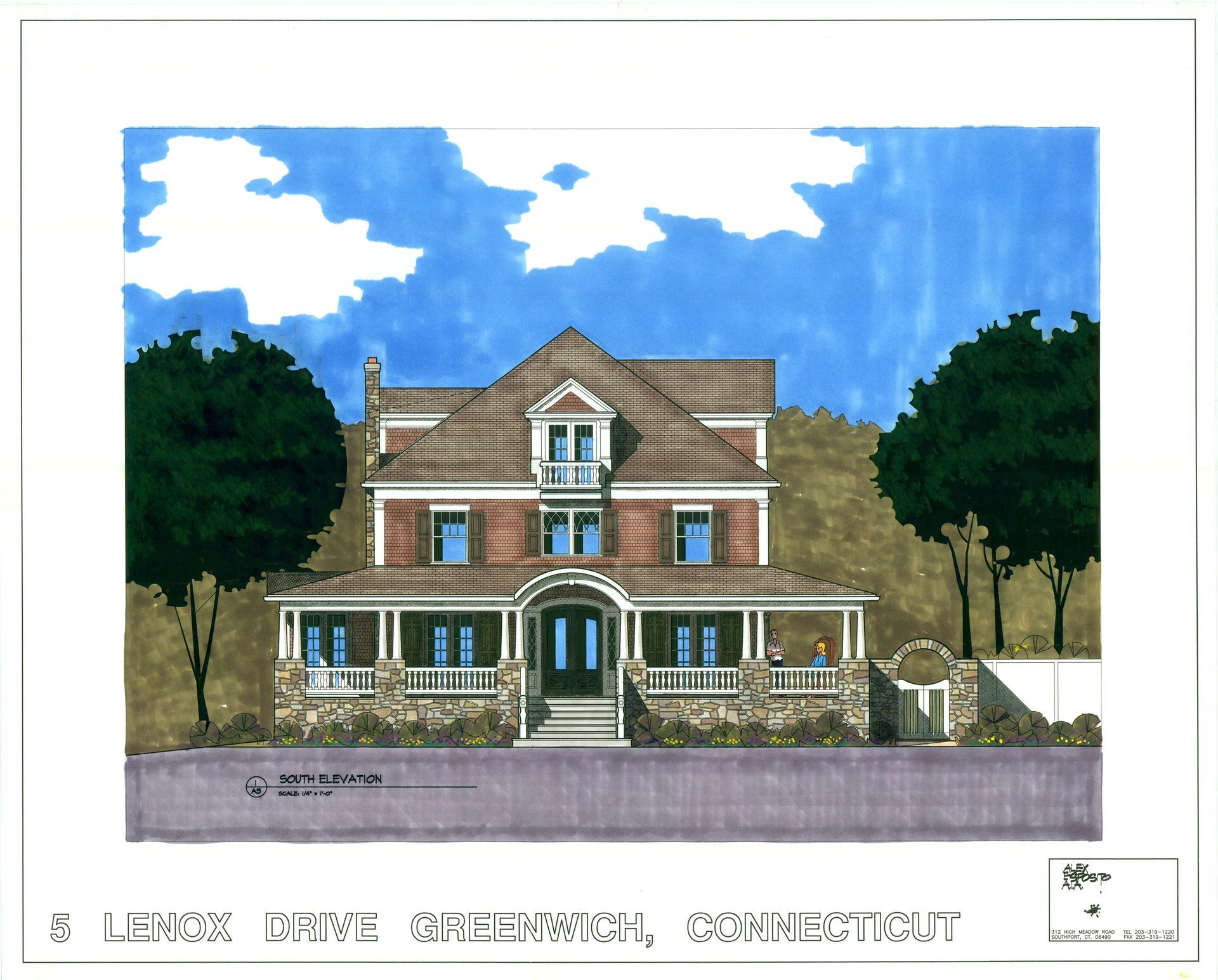 Architectural rendering of a two-story brick and stone house with a porch and dormer, set against a blue sky.