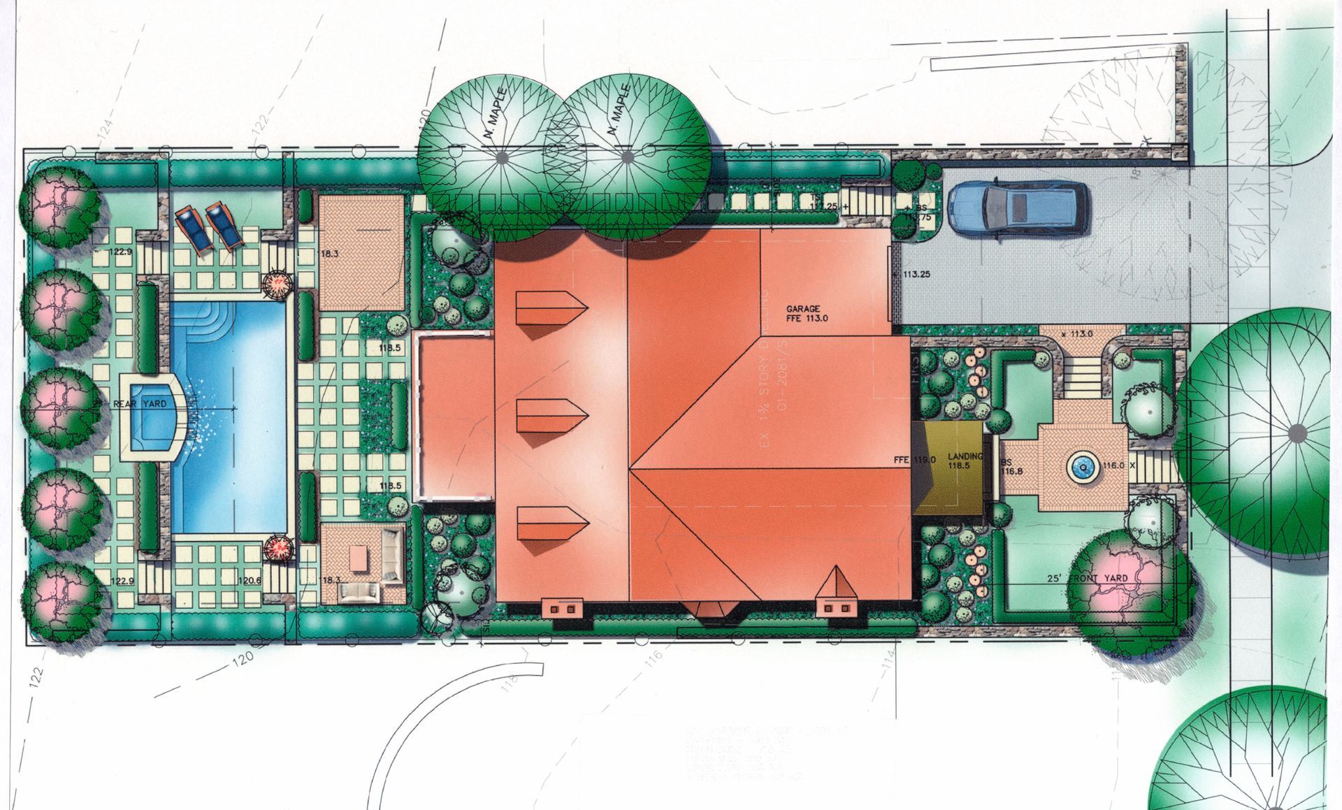 Overhead view of a house with a pool, patio, and driveway, surrounded by landscaping.