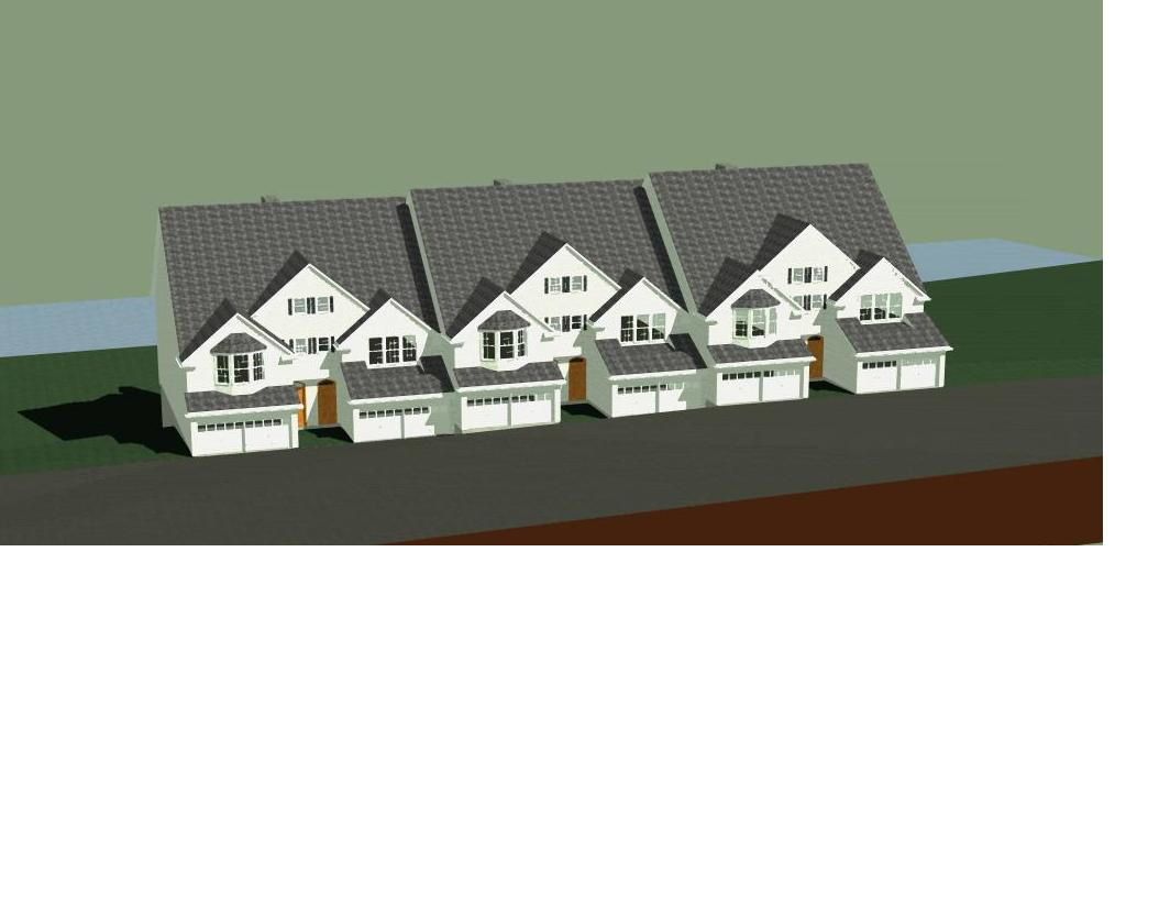 Row of white houses with grey roofs and two-car garages, on a sloping brown base.