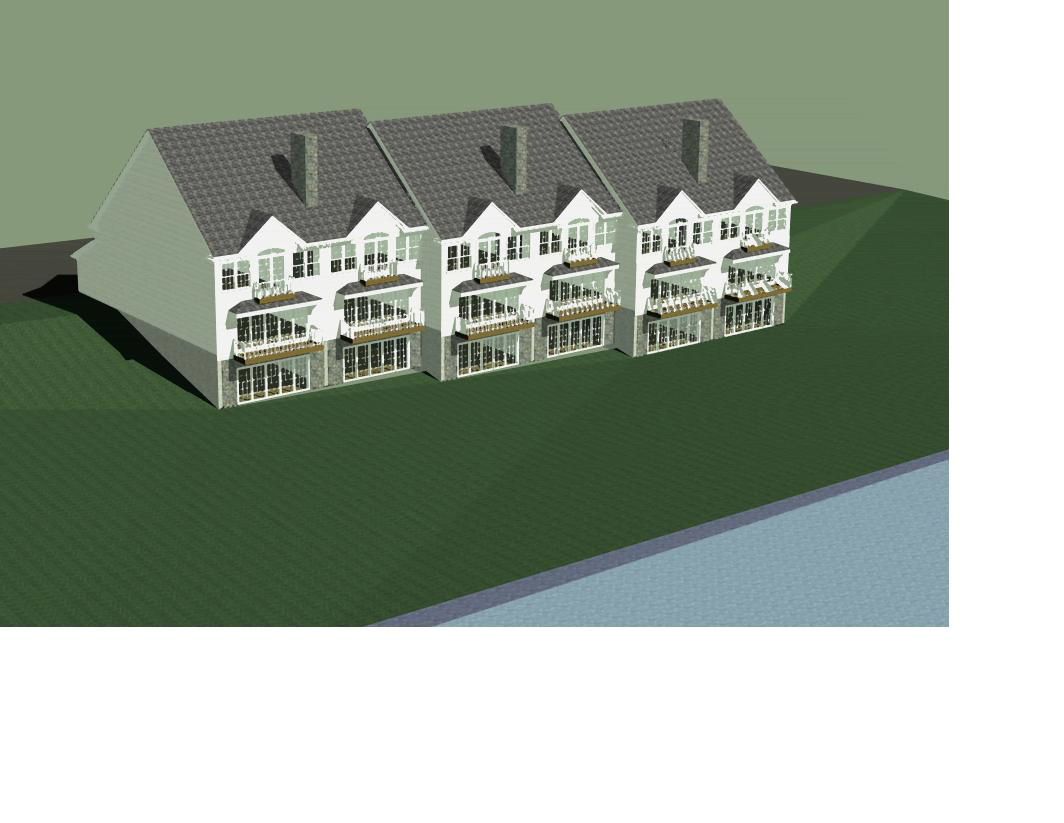 Three-story white townhouses with balconies and gray roofs on a green slope.