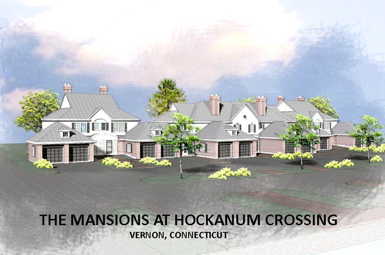 Architectural rendering of multiple connected mansions in Vernon, Connecticut, with a cloudy sky.