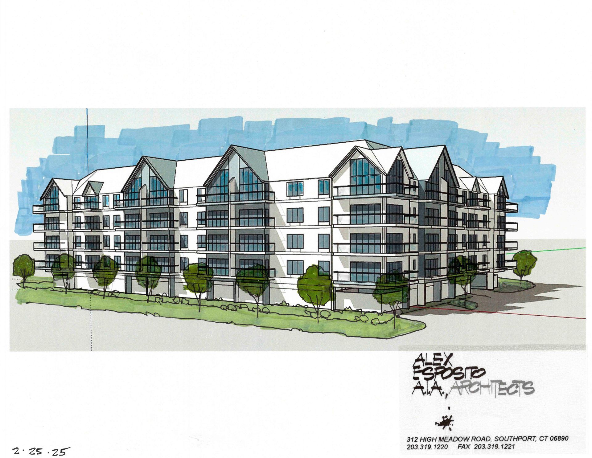 Architectural rendering of a multi-story white building with balconies and a light blue sky backdrop.