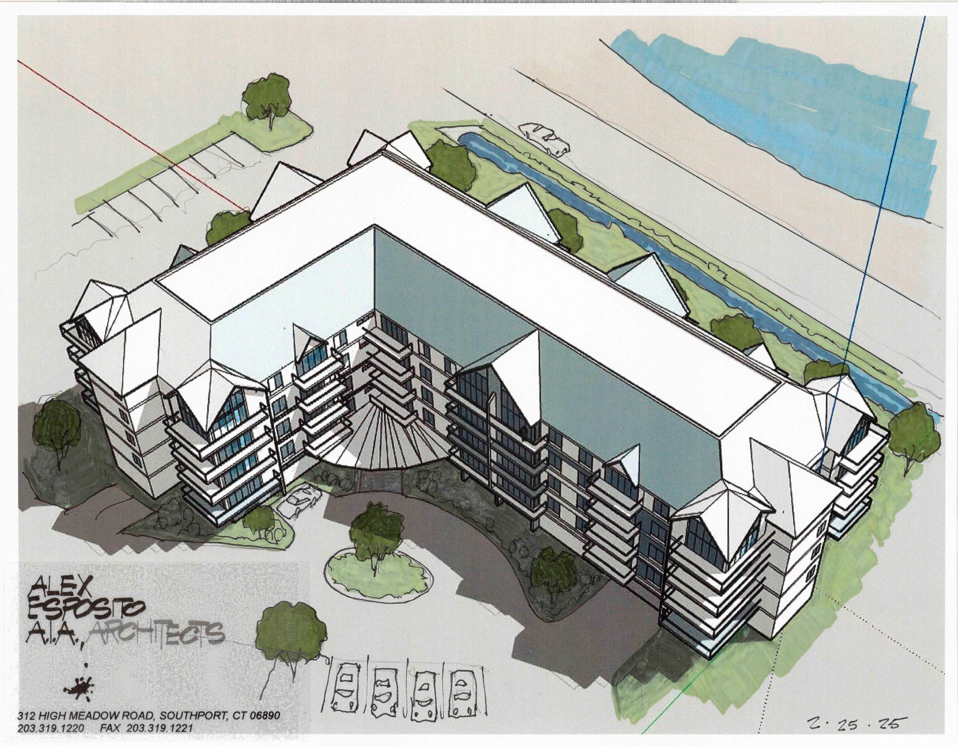 Architectural sketch of a multi-story building with a circular driveway and landscaping.