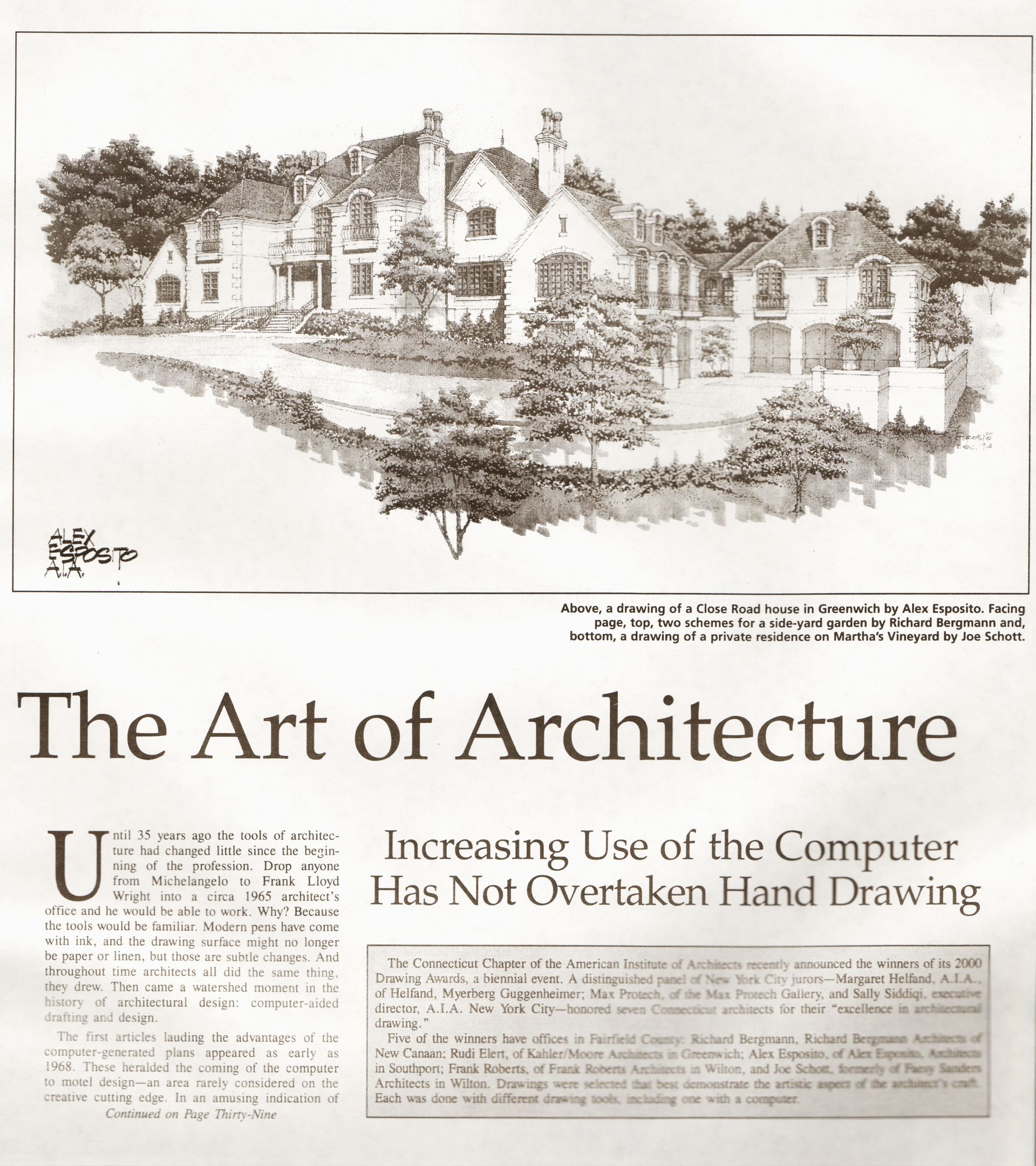 Article about architecture. Drawing of a large house with title 