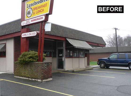 Exterior of a Luncheonette before renovation, featuring a sign, brick details, and a parked SUV.