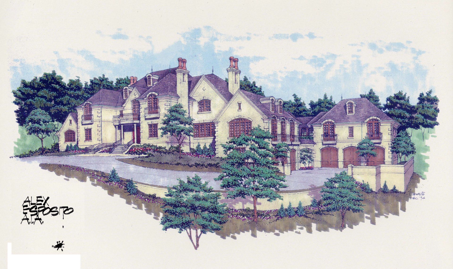 Architectural rendering of a large beige house with multiple levels, trees, and a driveway.
