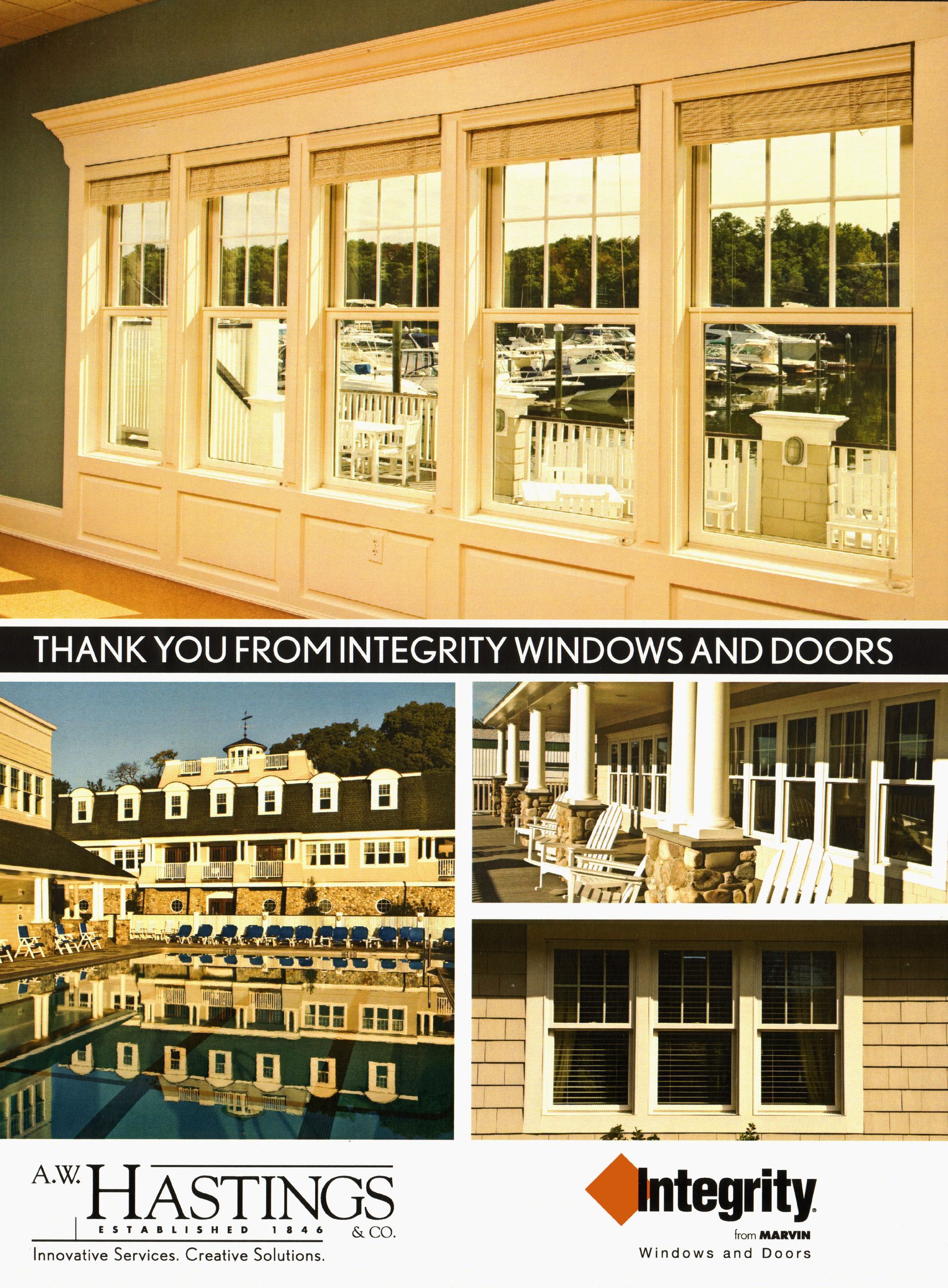 Windows and doors ad: Interior and exterior views of buildings with white Integrity windows and the Hastings logo.