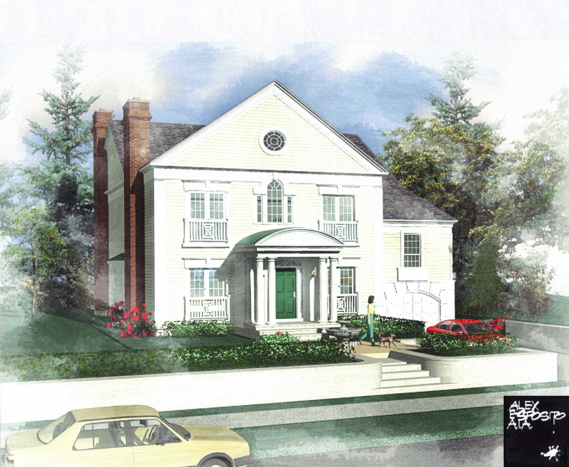 White two-story house with green door, brick chimney, and landscaping. A car sits in the foreground.