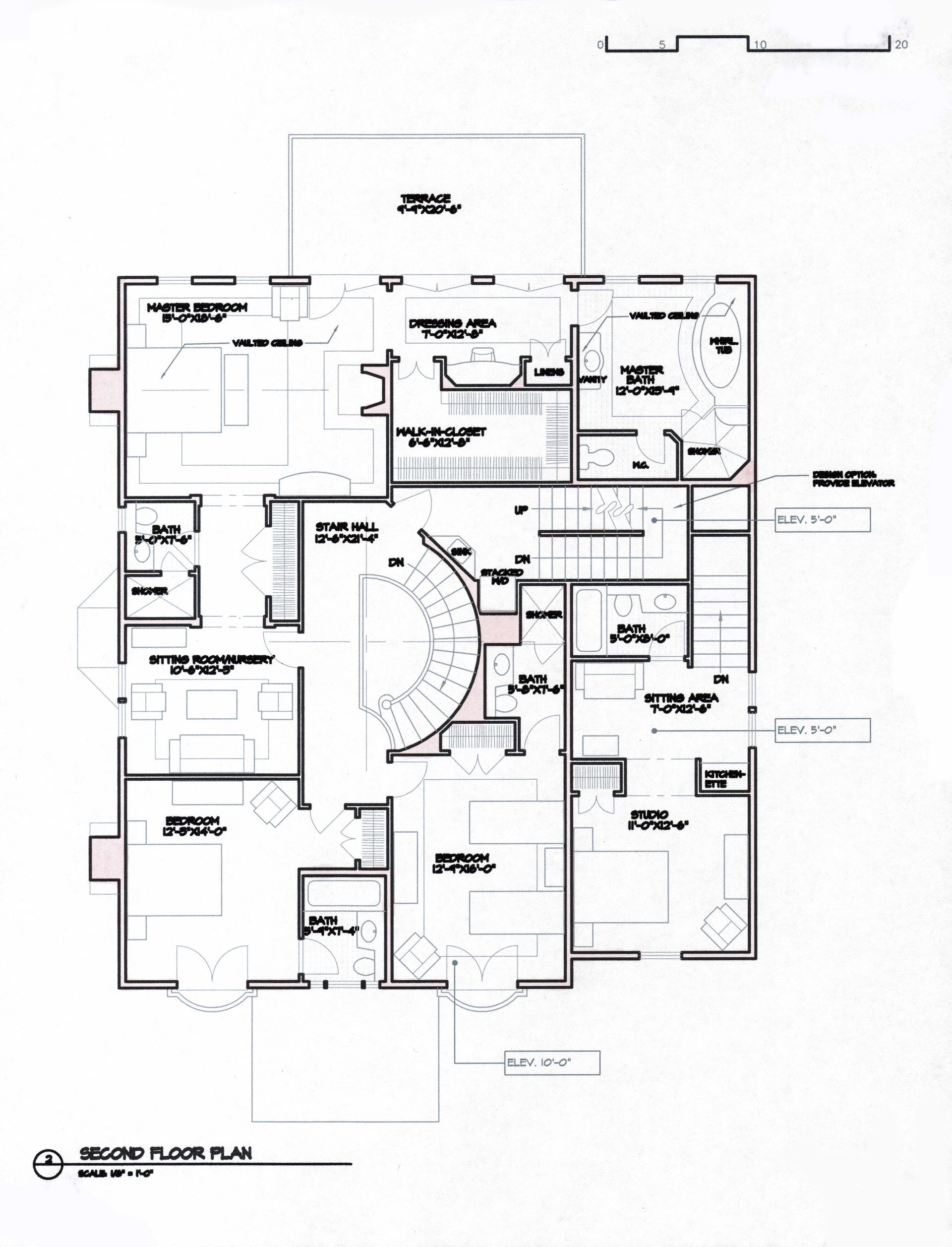 Floor plan of a house, detailing rooms with doors, windows, and labels. Includes a spiral staircase and outdoor space.