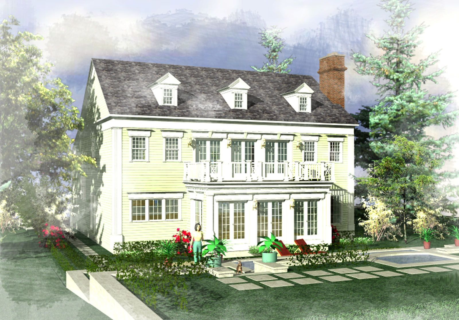 Two-story yellow house with balcony and chimney, front yard with people and trees, set in a sketched garden.