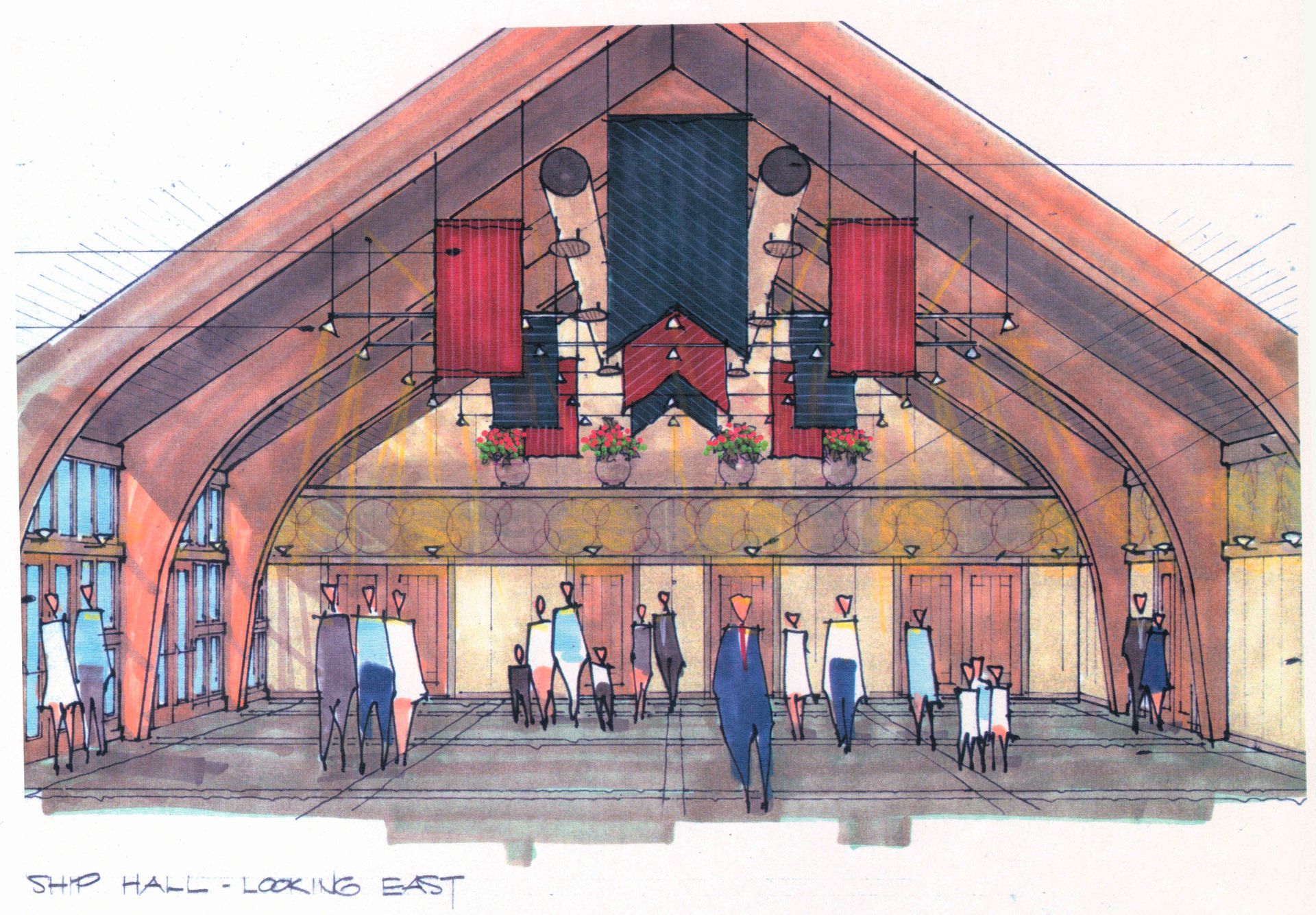 Interior architectural rendering of a large hall with arched ceiling.