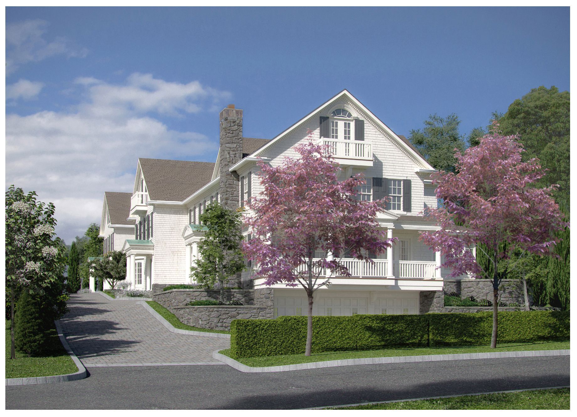 White house with gray roof and chimney, lilac trees, and a gravel driveway under a blue sky.