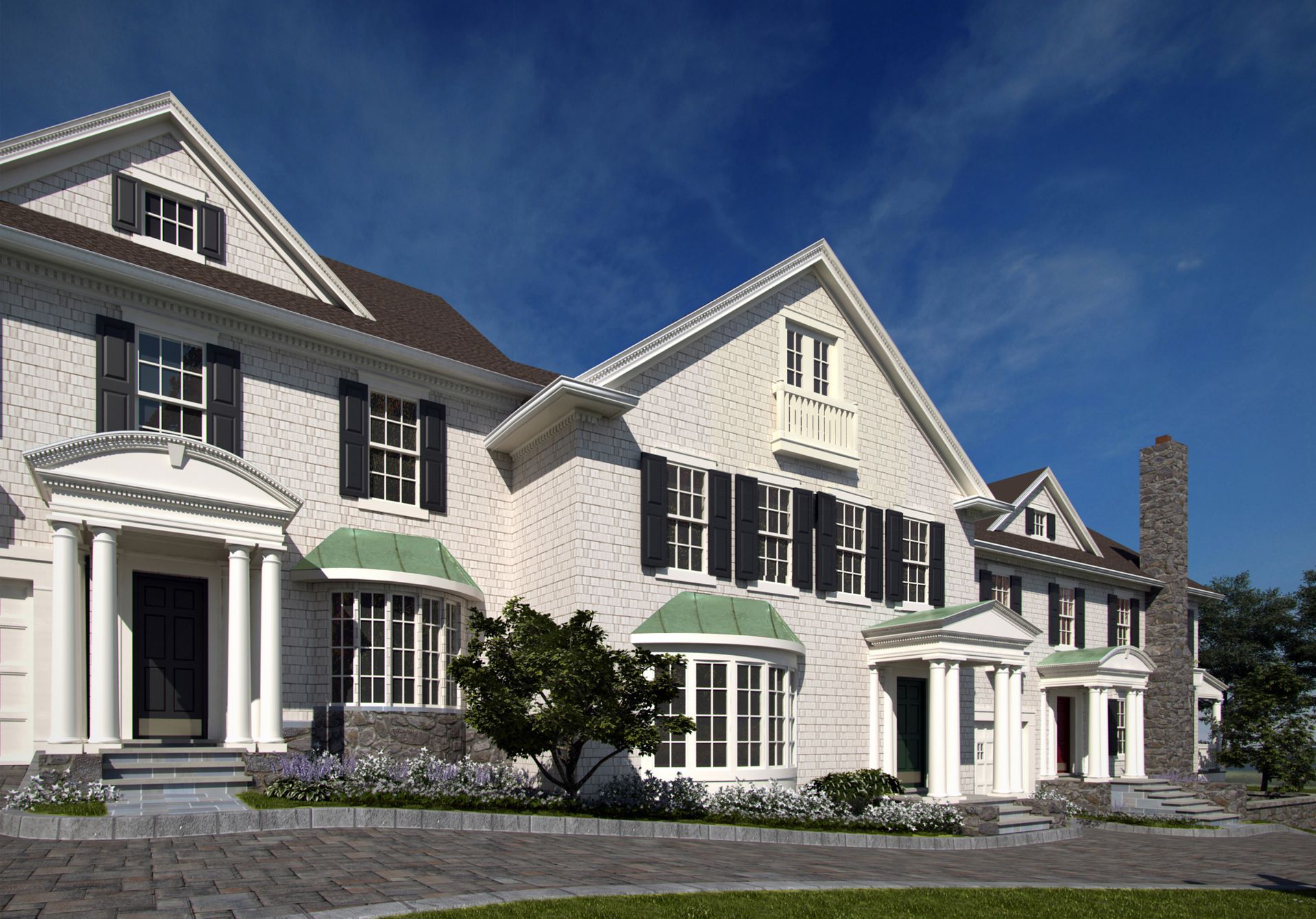 White Colonial-style house with black shutters, green accents, and a stone chimney under a blue sky.
