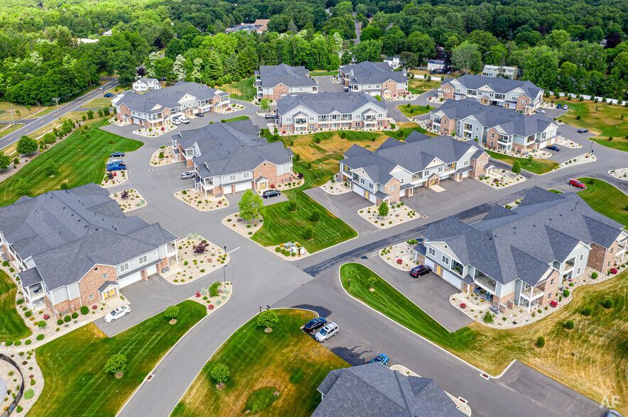 Aerial view of a suburban neighborhood with multiple two-story townhouses and green landscaping.