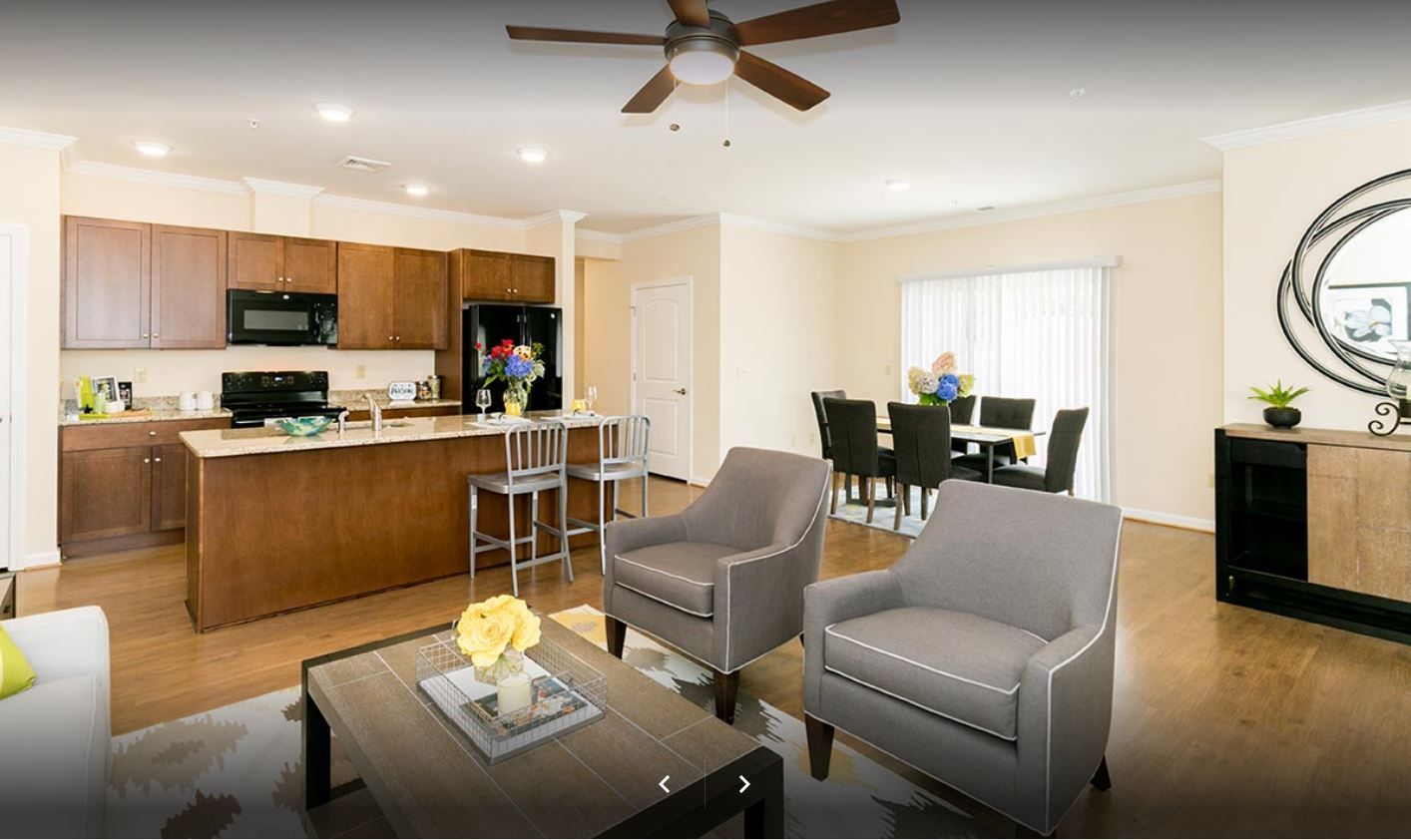 Open-concept living space with kitchen, dining area, and living room. Brown cabinets, gray chairs, wooden floors.