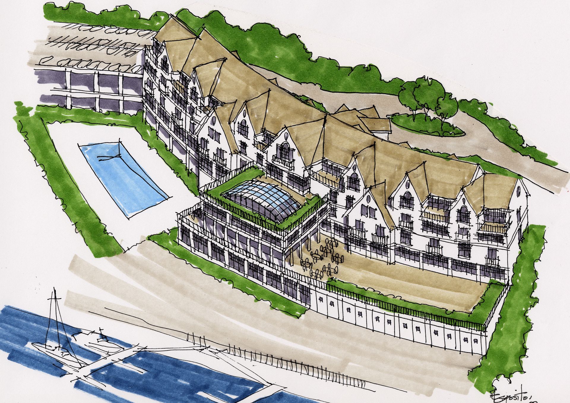 Architectural rendering of a multi-story building with a pool, set along a waterway.