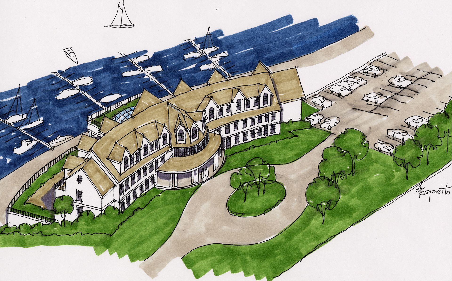 Architectural rendering of a waterfront hotel with boats, parking, and a circular driveway.