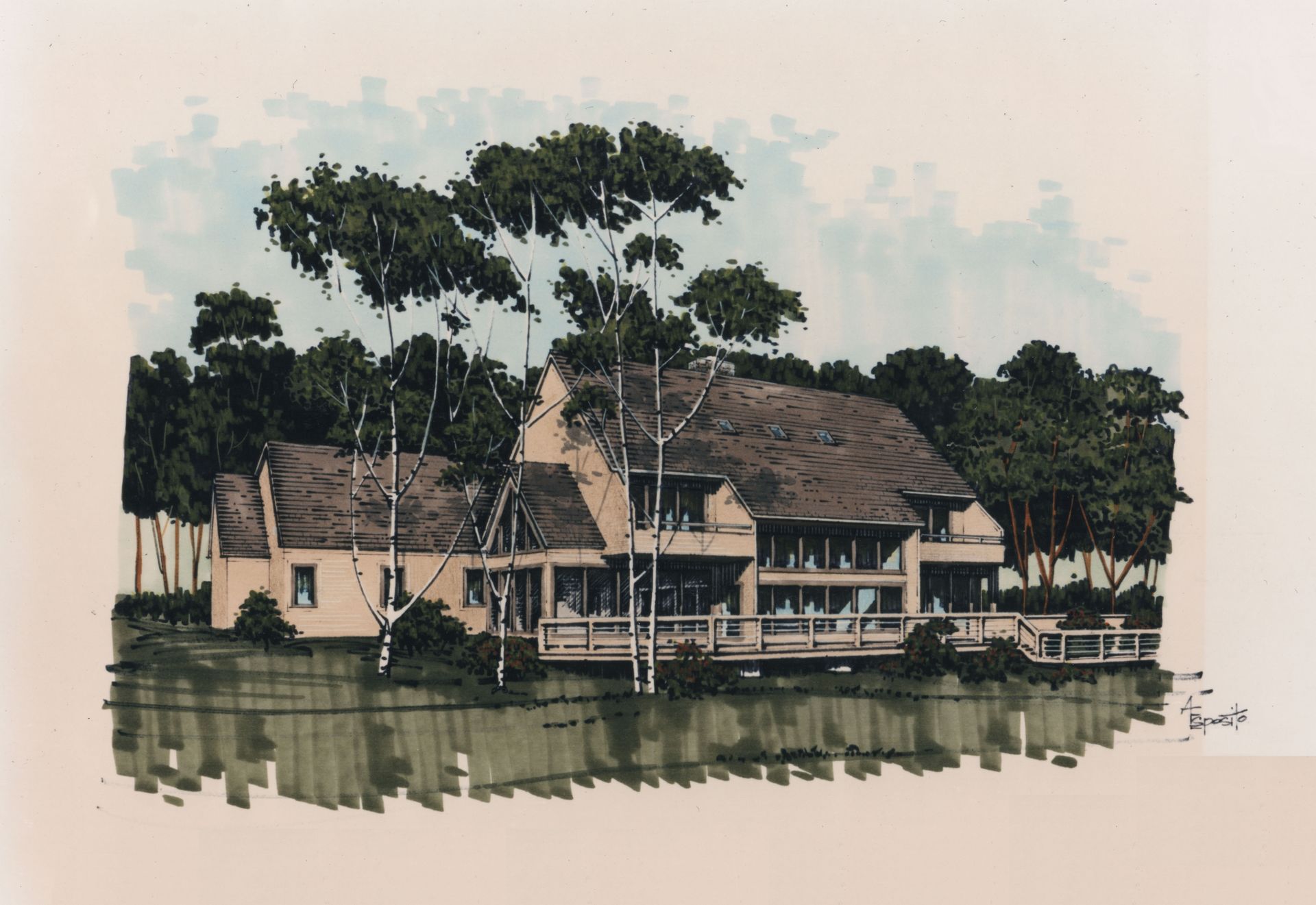 Watercolor rendering of a lakeside house with a deck, trees, and water reflections.