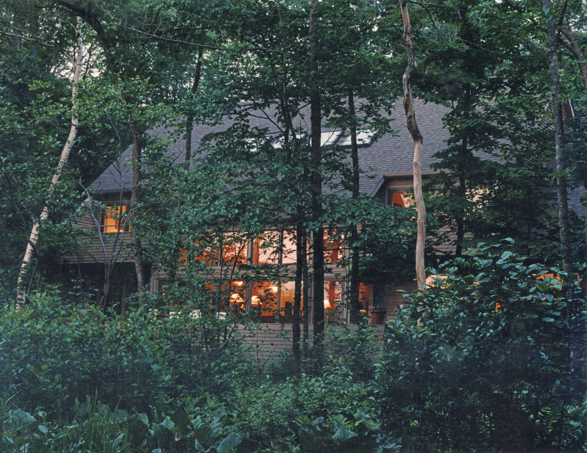 House in the woods, seen through trees; lit windows glow warmly.